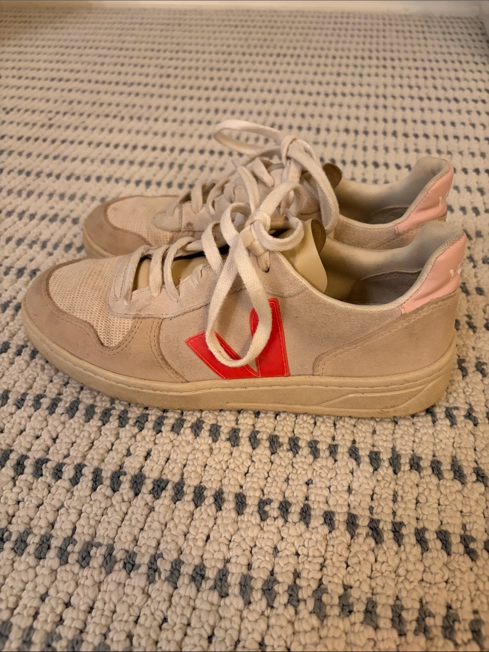 Veja Beige Sneakers with Pink Heel and Red Side V Logo